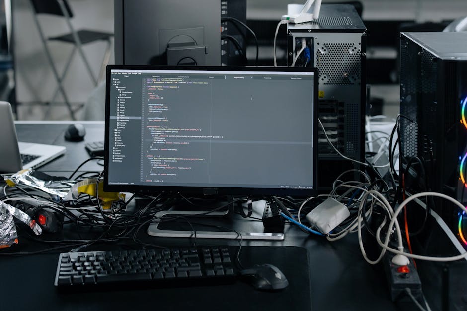 A close-up view of a computer screen displaying a blurred code editor filled with multicolored lines of HTML and CSS syntax, indicating website development work. The dark background contrasts with the